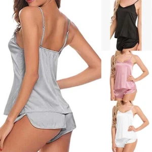 Women Sexy Sleepwear Pajama Lingerie Casual Cami Shorts Set Solid Satin Babydoll - Picture 1 of 15