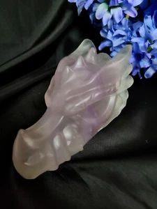 5 Zoll 1,6 Pfund lila & klar Süßigkeiten Geode Fluorit Drachenkopf Schädel Kristall Schnitzerei - Bild 1 von 17