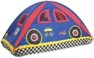 Tienda de campaña con cama para niños tamaño doble azul rojo coche de carreras a cuadros cúpula dosel casa de juegos Foto 1 de 4