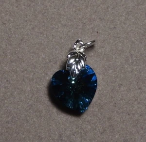 10 mm BERMUDA BLUE Crystal HEART Pendant 6228 on Silver Plated LEAF Bail 1005 - Picture 1 of 3