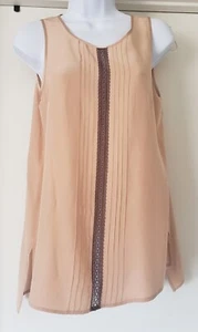 Clover Canyon Silk Blouse Size M Sleeveless Lace Trim Pleated Washable Hi Lo Hem - Picture 1 of 7