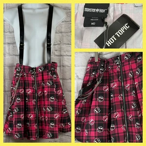 Monster High Hot Topic Suspender Skirt Pink Plaid Zip Front Skullette Logo NWT - Picture 1 of 10