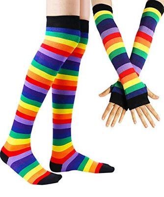  Conjunto de guantes calcetines hasta el muslo arco iris por encima de la rodilla accesorios de disfraces brazo negro Foto 1 de 4