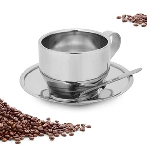 Coffee Mug Set Stainless Steel Coffee Cup with Saucer and Spoon Double Walled... - Picture 1 of 9
