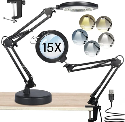 Magnifier with Light and Stand 15X 2-in-1 Continuously Dimmable LED Desk Lamp - Image 1 of 4