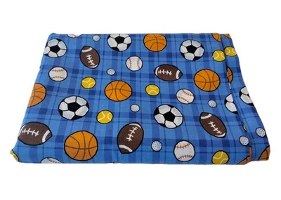 Sports Balls Blue Plaid Cotton Fabric 5 Yards 182x45 Boy Baby Cranston  - Image 1 of 4