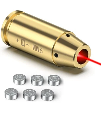 9mm Red Laser Bore Sight Brass Cartridge Bullet Shap Boresighter W/ 6 Batteries