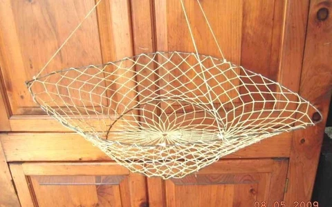 antique HAND FRAMED KNOTTED BASKET hanging METAL string vegetables fruit Cover