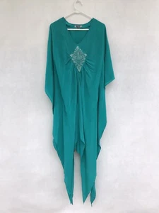 ⭐️ Womens Hussy 100% Silk Beaded Oversized Dress Kaftan Solid Green Size M - Foto 1 di 10