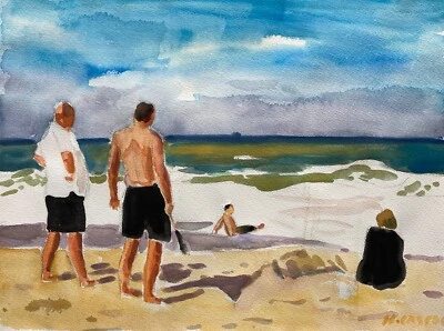 Aquarelle Impressionniste Personnes À La Plage Côte Illisible Signé 36 X 48 Cm - Photo 1/4