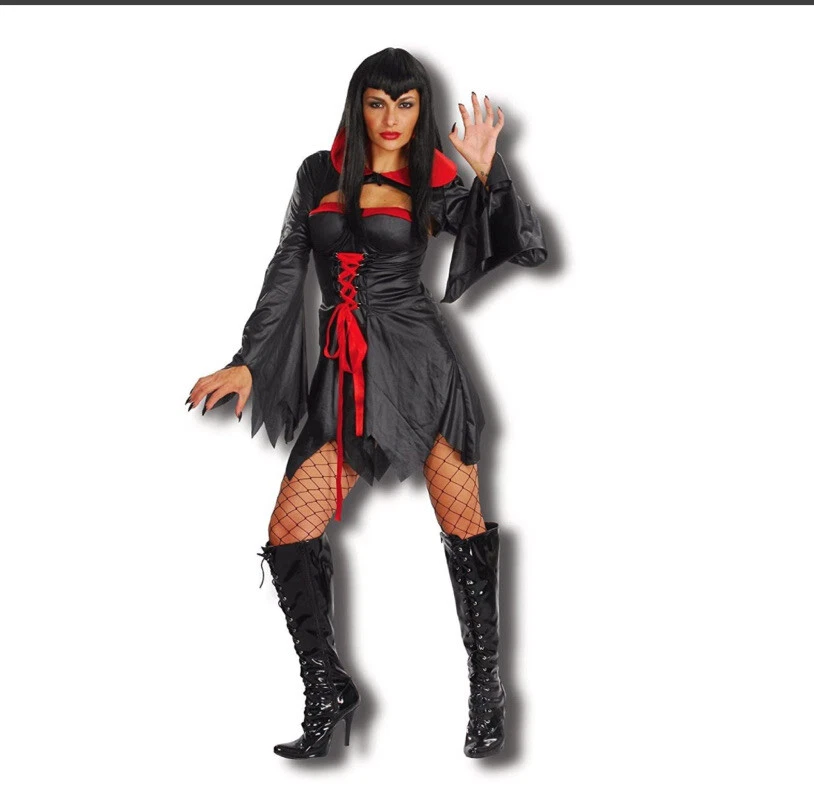 Ladies Coven Queen Halloween Fancy Dress Horror Vampire Costume Black Dress NEW - Image 1 of 1