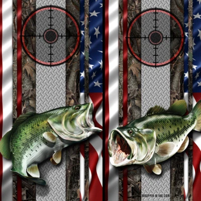Cornhole Wrap Bass Fish Hunting Fishing Decal w/ Gun Scope -American Flag -Camo  - Image 1 of 2