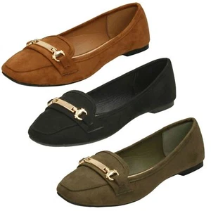 F8R0373- Mujer Spot On Planos sin Cordones Mocasín Negro O Caqui- Oro Cadena Con - Imagen 1 de 28