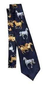 Steven Harris handgefertigte Neuheit Krawatte marineblau mit goldenen und weißen Pferden - Bild 1 von 4