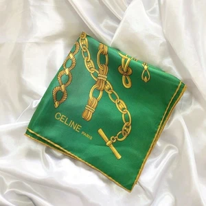 CELINE Silk Scarf Green Yellow Beige Vintage Large Square Italy Auth from Japan - Picture 1 of 12