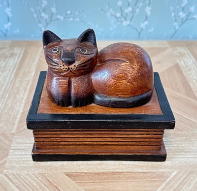 Vintage Hand-Carved Wood Cat Hinged Trinket Box Cat Lover Box Wood Figurine - Image 1 of 4