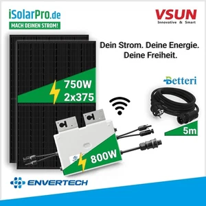 750W Balkonkraftwerk Set – 2× VSUN 375W Full Black Module · 800W Envertech Mikro - Bild 1 von 15