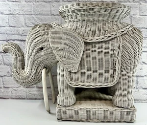 Vintage 20” Rattan Wicker Elephant Plant Stand Side End Table Boho MCM White - Picture 1 of 12