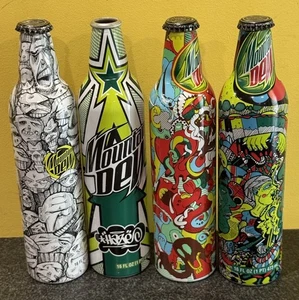Four Collectible Label Art Mountain Dew Aluminum Bottles (Empty) - Picture 1 of 9