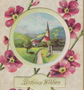 Vintage Birthday Wishes Pink Flowers Country Scene Postcard - Picture 1 of 4
