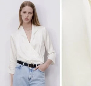 Zara White Satin Effect Bodysuit with Crossover V-neckline. SZ S - Picture 1 of 9