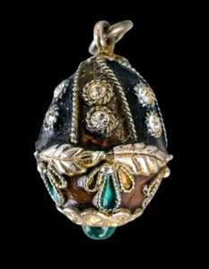Vtg Russian Easter Egg Silver 925 & Enamel Pendant w/ Malachite Gemstone c.1995 - Picture 1 of 12