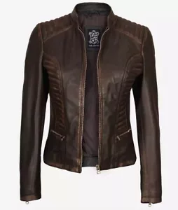 Women's Designer Slim Fit Moto Racer Biker Lambskin Ruboff Brown Leather Jacket - Picture 1 of 6