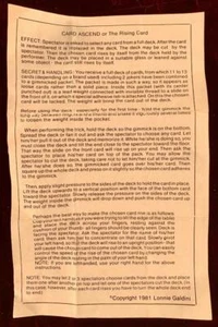 Card Ascend Or The Rising Card Magic Trick Paper Lonnie Galdini 1981 Vintage (O) - Picture 1 of 4