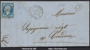 FRANCE N°14A SUR LETTRE AMBULANT DE NUIT BxB2° BORDEAUX A BAYONNE DU 15/01/1859 - Picture 1 of 2