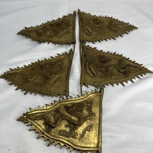 Vintage Set of 5 Asian Brass Metal Flags w/ Dragons Decoration - Picture 1 of 9