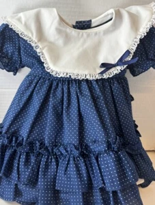 Vintage 70s Baby Girl Blue Polka Dots Lace Ruffles Barbiecore Cottage Sz 12 Mos - Picture 1 of 8