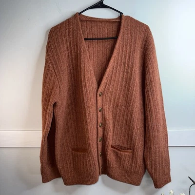 Cárdigan Suéter Años 70 Naranja Puritano Botón Vintage Mezcla Lana EE. UU. Talla L Foto 1 de 4