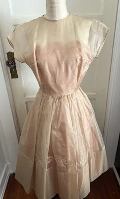 VINTAGE 50'S R & K Sheer Chiffon Lace Accent Tan Party Dress  Rockabilly XS - Image 1 of 4
