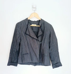 Giacca blazer brindisi taglia 8 lino blu grigio gessato Lagenlook colletto avvolgente - Foto 1 di 15