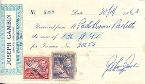 MALTA 1963, NICE RECEIPT DOCUMENT WITH 2 POSTAGE STAMPS USED AS REVENUES. #D148 - Picture 1 of 1
