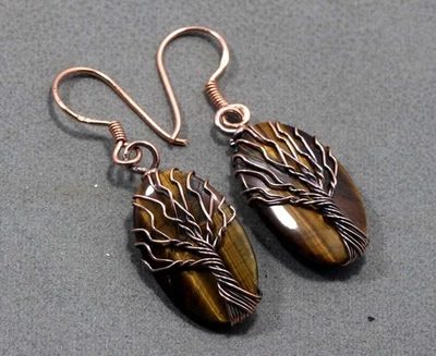 Pendientes de piedras preciosas envueltos en alambre de cobre ojo de tigre joyería estética de 1,8" GW Foto 1 de 3