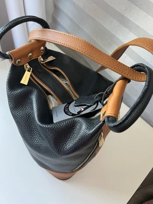 Valentina Backpack Shoulder Bag Blue And Tan Leather Convertible Made In Italy - Image 1 of 4