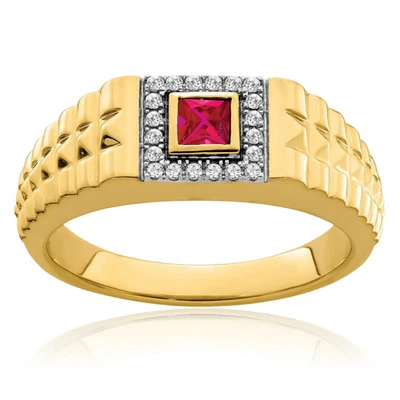 14K Solid Yellow Gold Square Ruby Diamond Mens Ring - Image 1 of 4