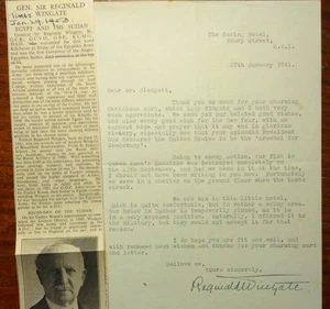 Gen. Reginald Wingate mecanografiada firmada Segunda Guerra Mundial carta RE: Bombardeo de las mansiones de la reina Ana - Imagen 1 de 5