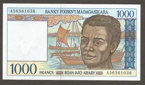Madagascar 1000 Francs N.D. (1994), UNC; P-76, BNB-B312a; Sail boat; fishing "A" - Picture 1 of 2