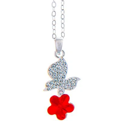 Collar Matashi 16" Chapado en Rodio con Mariposa, Flor y Cristales Rojos, Regalo Foto 1 de 4