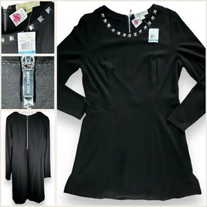 MICHAEL KORS 16 New Rockstud Silver Stretch Midi Dress Zip Long Sleeves Black XL - Picture 1 of 24
