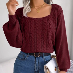 Women Knitted Sweater Pullover Jumper Top Square Neck Puff Sleeve Casual - Picture 1 of 14