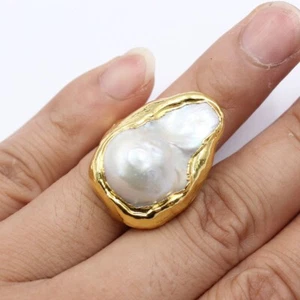 Classic White Keshi Baroque Pearl Yellow Gold Plated Rings Handmade Adjustable - Picture 1 of 9