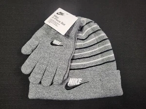 NIKE Boys Youth 8/20 2 Piece Fold over Futura Beanie Hat Gloves Set Gray - Picture 1 of 8