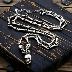 Handcrafted 925 Sterling Silver Skull&Bone Gothic Biker Necklace Chain for MAN - Picture 1 of 8