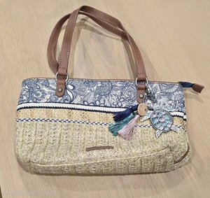 Sakroots Jute Baumwolle blau Druck Schultertasche Handtasche Schildkröte & Quasten Anhänger zum Aufhängen - Bild 1 von 7