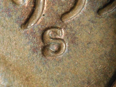 高等级完好错误 1955-S 林肯 WHEAT CENT RPM#2 AU+ — 第 1/3 张图片