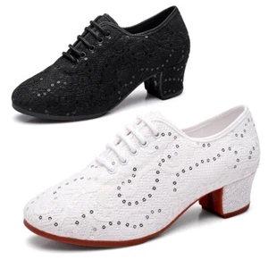 Women Ballroom Latin Dance Shoes Ladie Salsa Modern Practice Shoes Square Heeled - Picture 1 of 14
