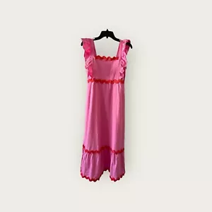 New Zesica Smocked Tiered Pink Midi Dress Flutter Sleeve Orange Rick Rack Small - Picture 1 of 5